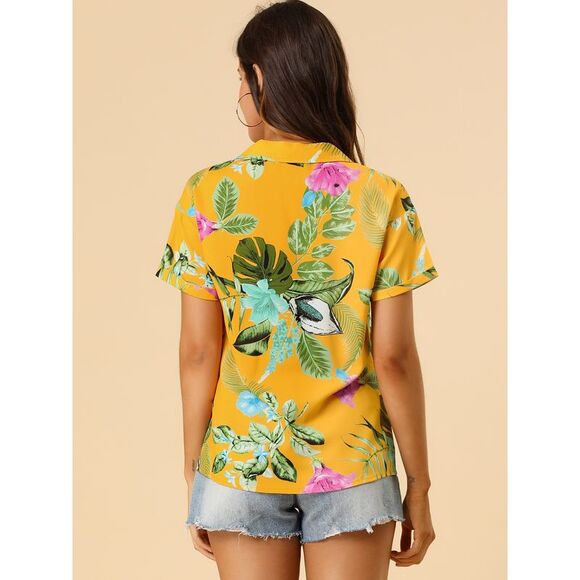 Hawaiian Shirts Floral Top Leaves Print Short Sleeve Tropical Yellow - Picture 5 of 6